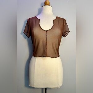 Heart & Hips Brown Transparent Mesh V-neck Short-sleeve Crop Top